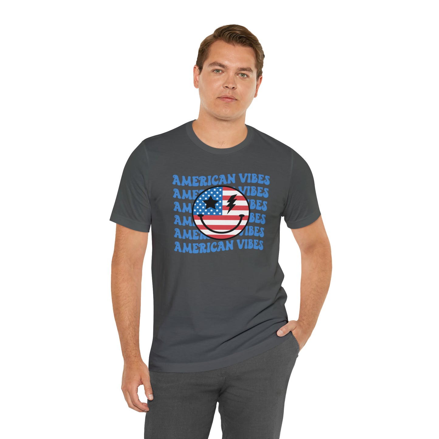 USA American Vibes American Flag Smiley Face Unisex Jersey Short Sleeve Tee