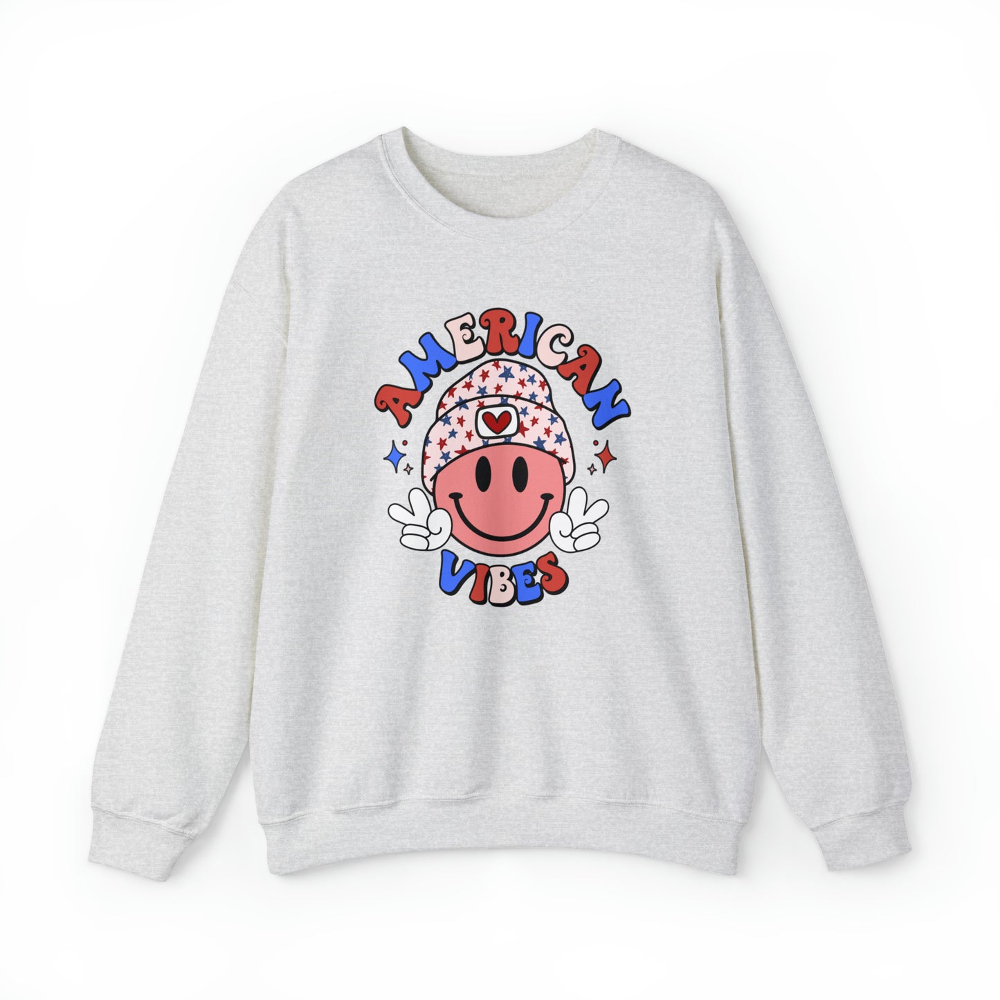 USA American Vibes Smiley Face with Heart Beanie and Peace Signs Heavy Blend™ Crewneck Sweatshirt