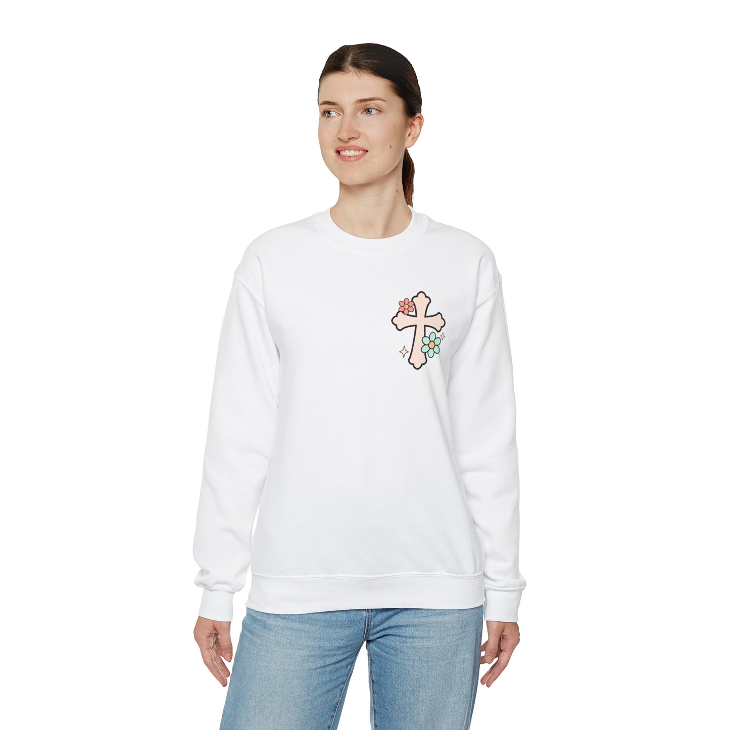 Vintage Grow in Grace with Cross Boho Color Print -  Front and Back Design Heavy Blend™ Crewneck Sweatshirt