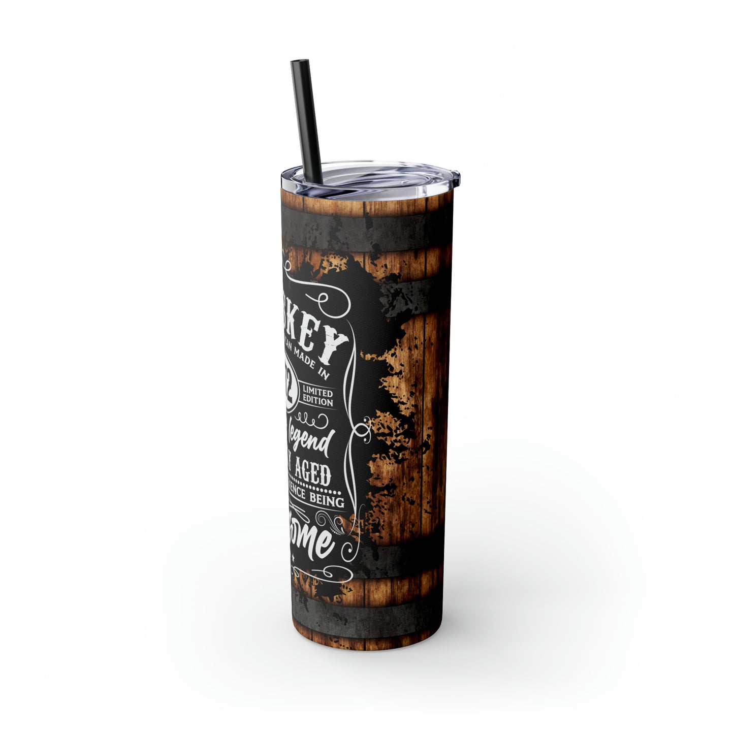 Rustic Barrel Whiskey Themed Skinny Tumbler with Straw, 20oz