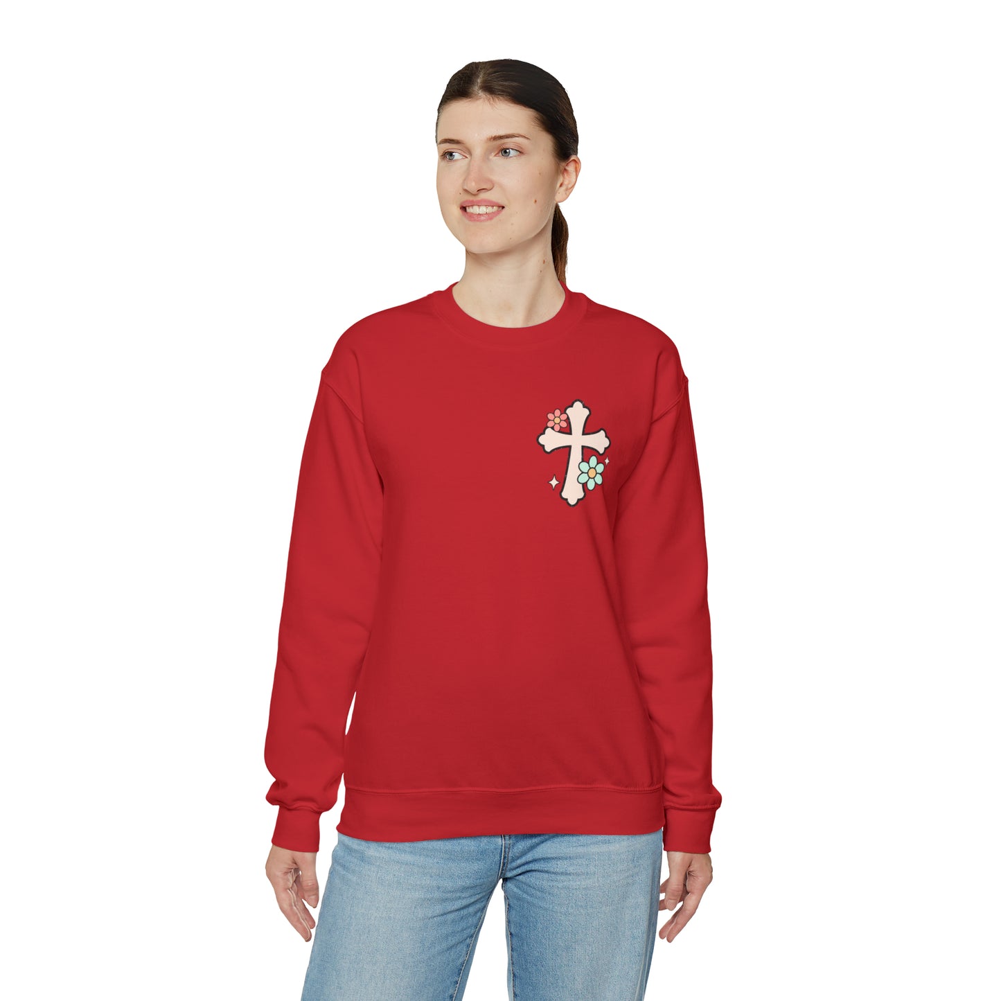 Vintage Grow in Grace with Cross Boho Color Print -  Front and Back Design Heavy Blend™ Crewneck Sweatshirt