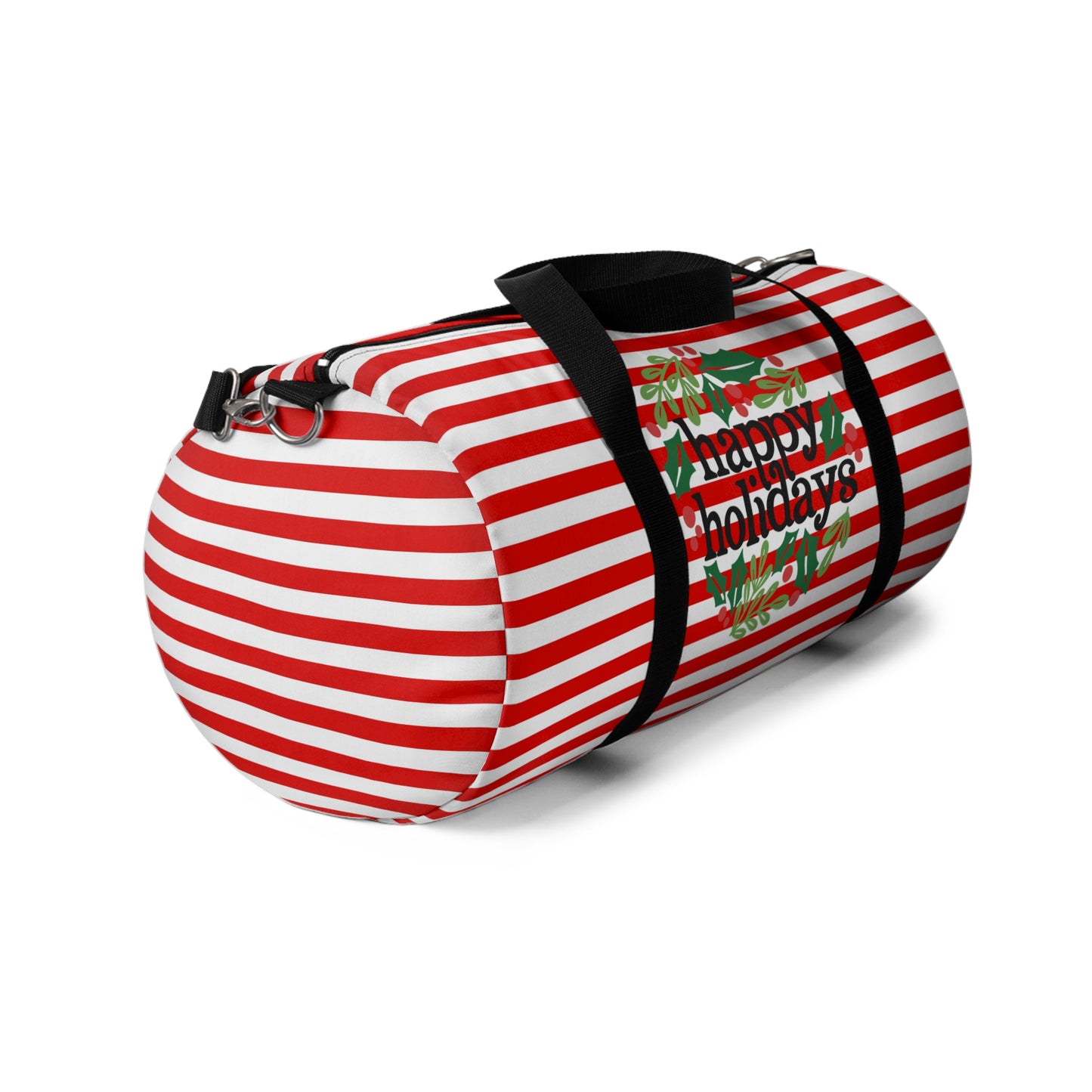 Happy Holidays Wreath Red and White Striped Christmas Duffel Bag