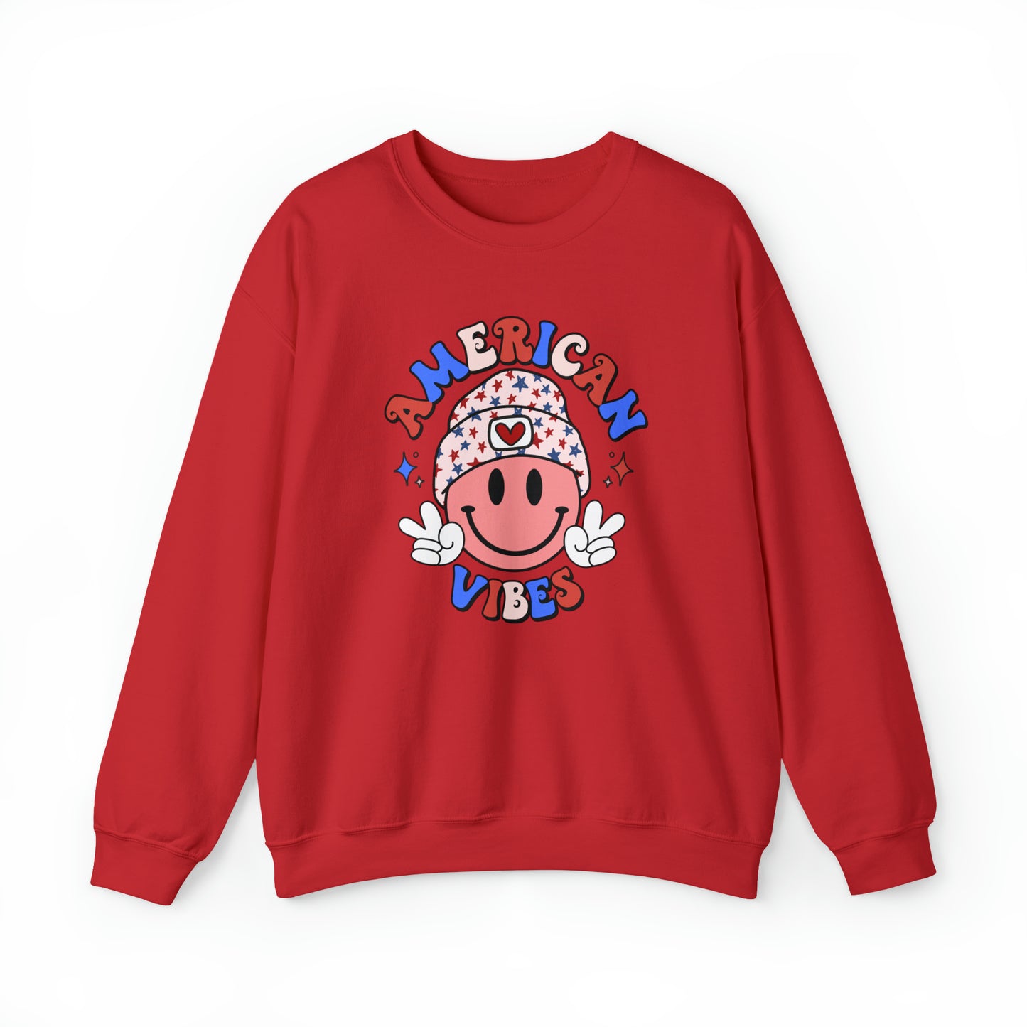 USA American Vibes Smiley Face with Heart Beanie and Peace Signs Heavy Blend™ Crewneck Sweatshirt