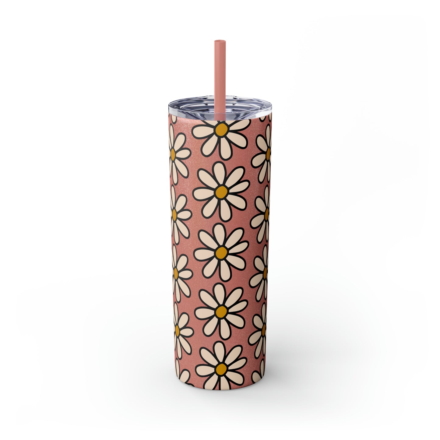 Peach Daisy Print Skinny Tumbler with Straw, 20oz