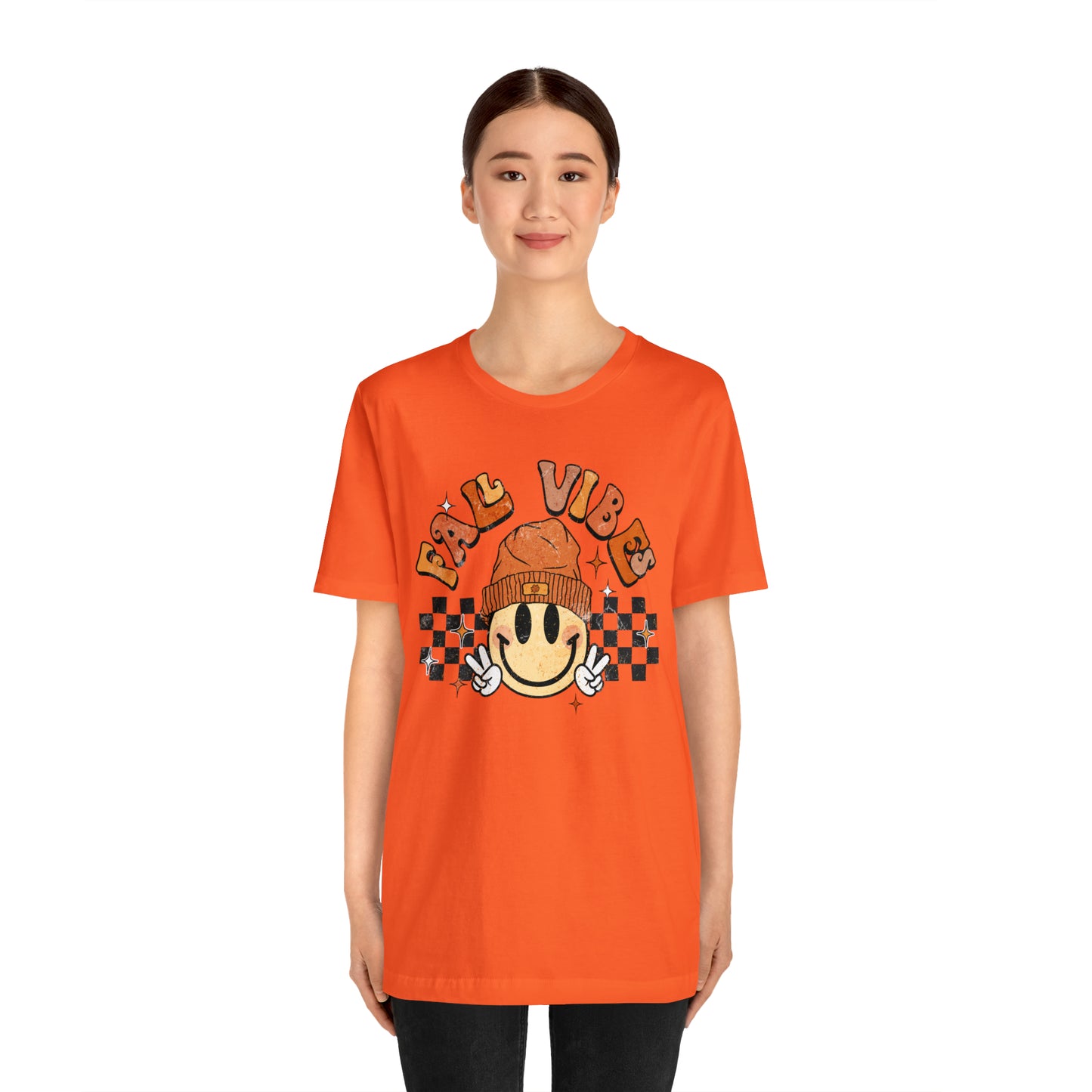 Distressed Halloween Fall Vibes Smiley Face with Beanie and Peace Sign T-Shirt