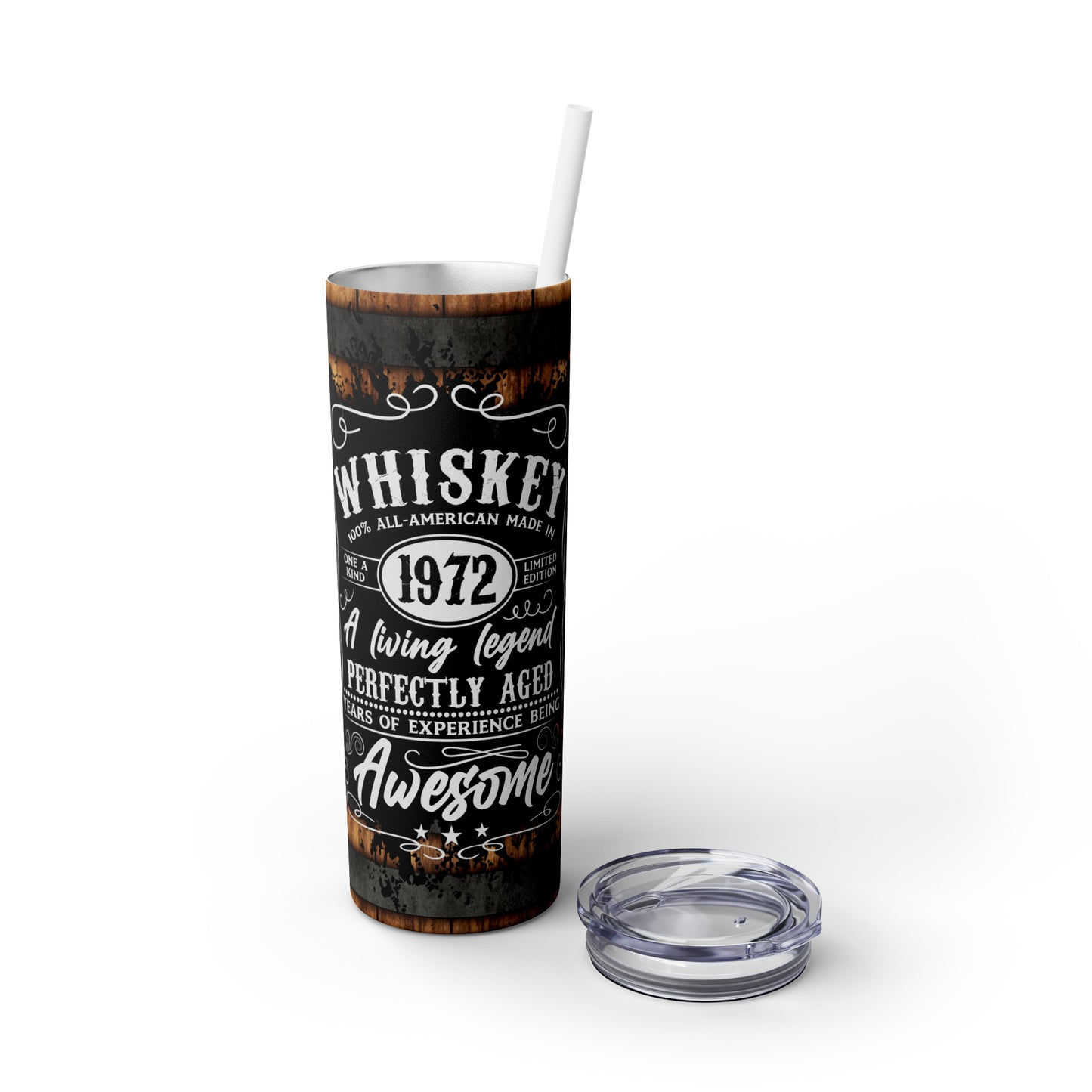 Rustic Barrel Whiskey Themed Skinny Tumbler with Straw, 20oz