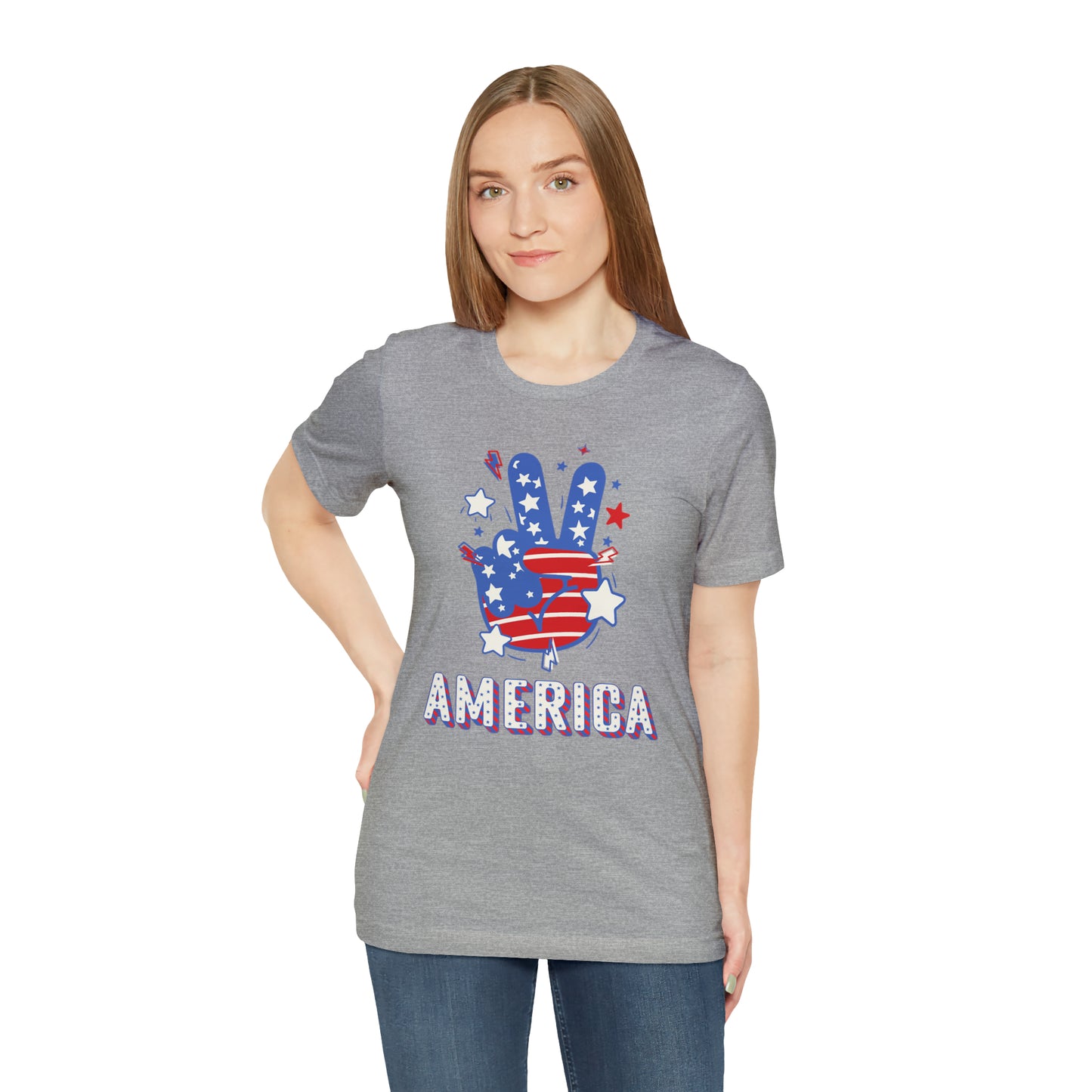 America USA Stars Peace Sign with Hands Unisex Jersey Short Sleeve Tee