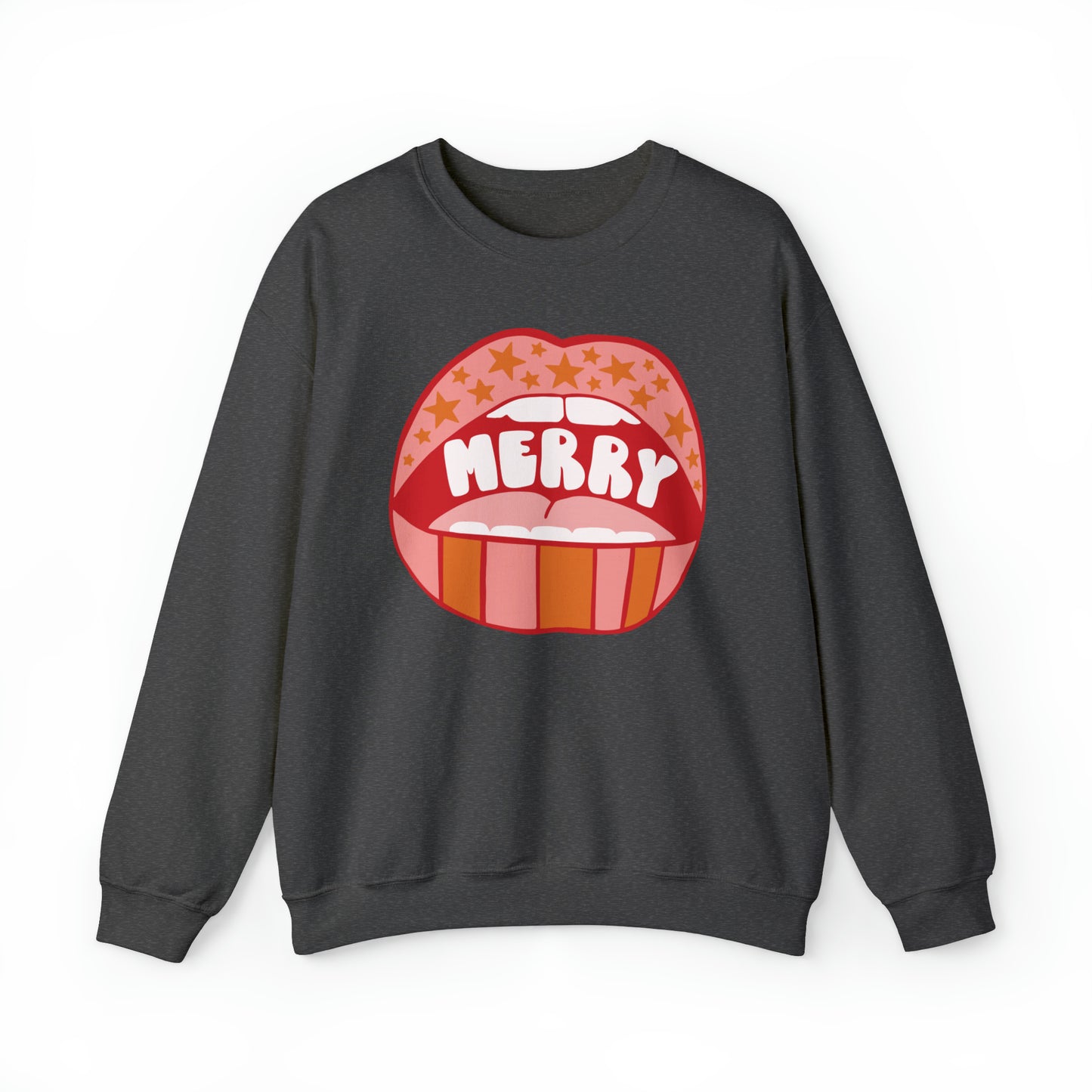 Christmas Holiday Merry Lips Stripes and Stars Unisex Heavy Blend™ Crewneck Sweatshirt