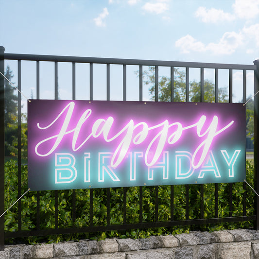 Happy Birthday Neon Font Black Matte Banner