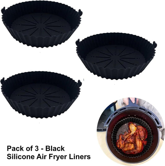 3 Pack Silicone Air Fryer Liners - (Black) Air Fryer Silicone Pot, Air Fryer Silicone Basket Bowl, Silicone Baking Tray Pots for 3 to 5 Quarts for Air Fryer