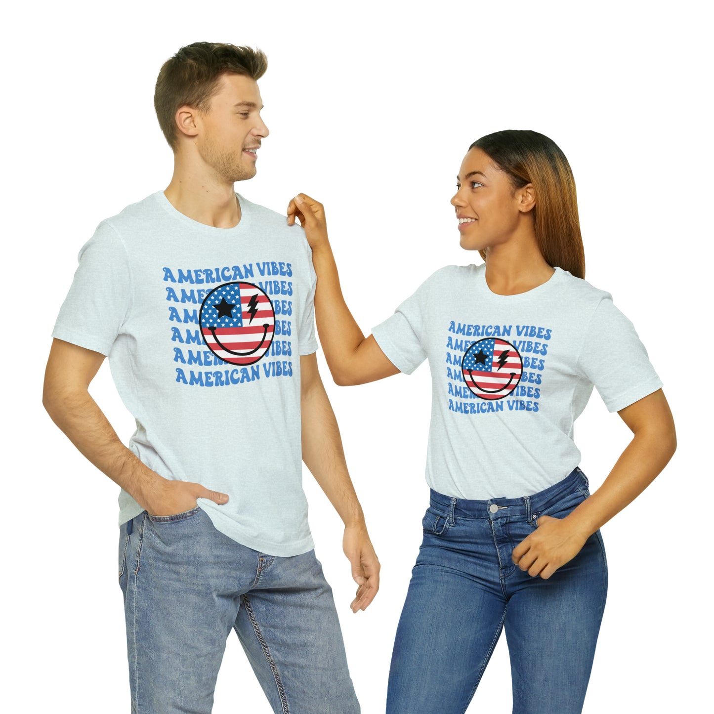 USA American Vibes American Flag Smiley Face Unisex Jersey Short Sleeve Tee