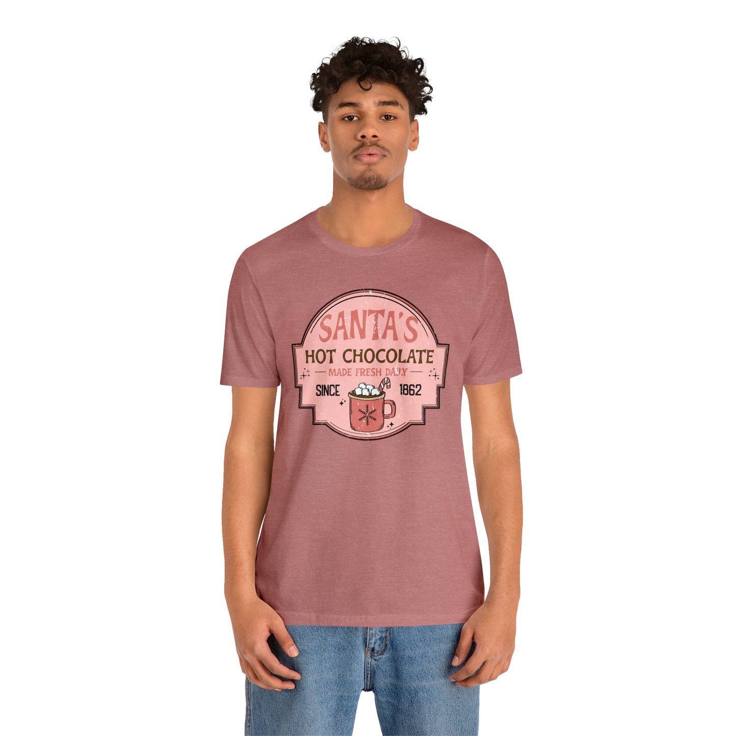 Santa's Hot Chocolate Pink Christmas/ Holiday Bella Jersey Short Sleeve Tee (Unisex)