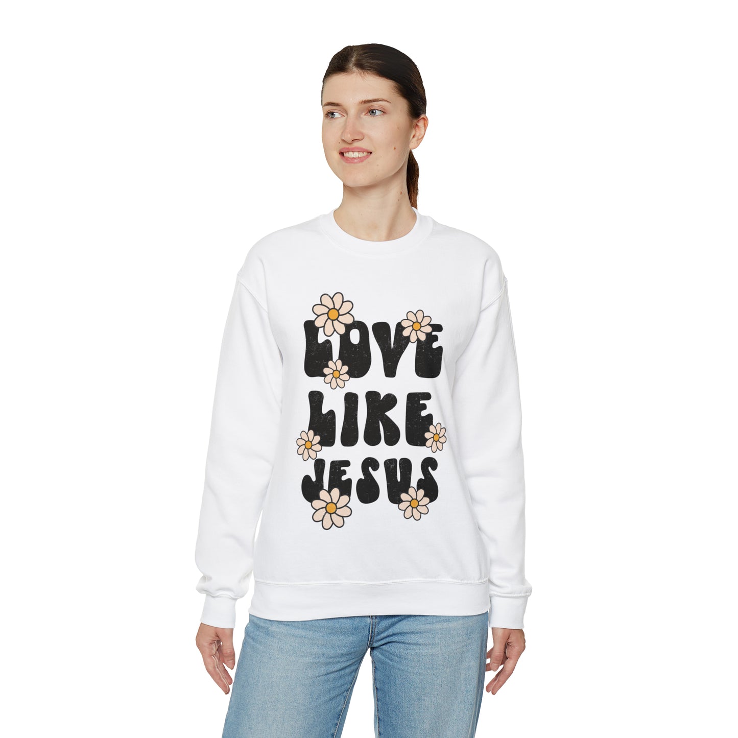 Distressed Daisy Love Like Jesus - Heavy Blend™ Crewneck Sweatshirt