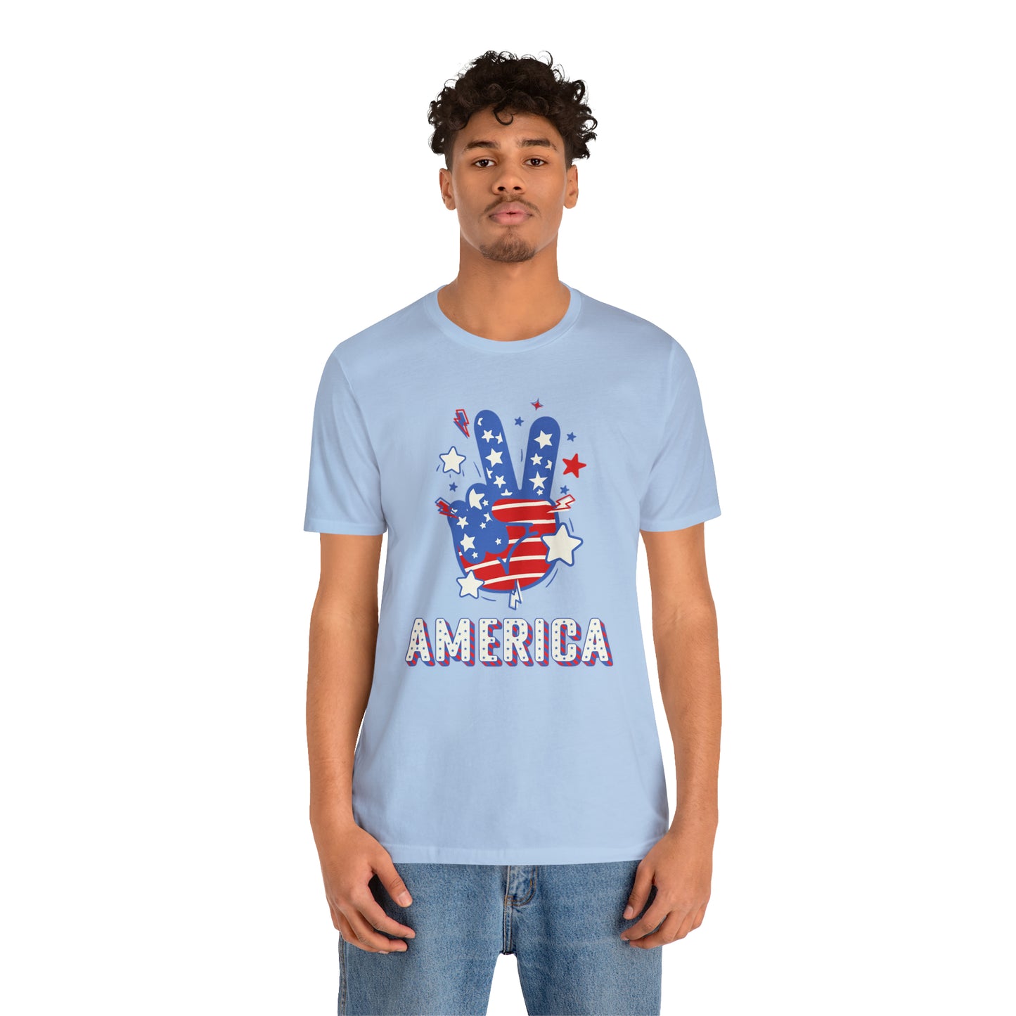 America USA Stars Peace Sign with Hands Unisex Jersey Short Sleeve Tee