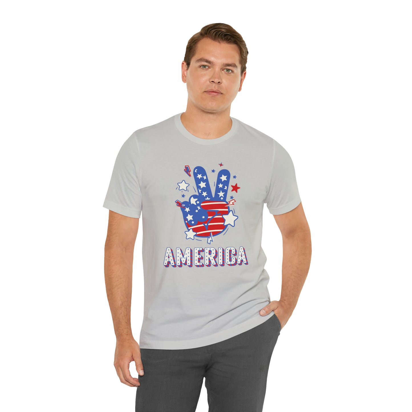 America USA Stars Peace Sign with Hands Unisex Jersey Short Sleeve Tee