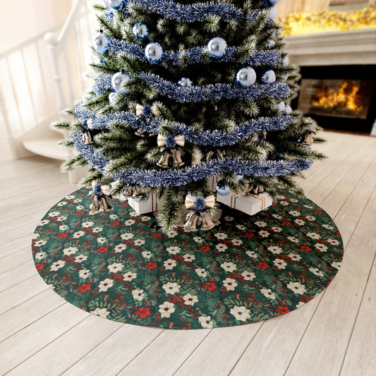 White Flower Christmas Botanical Round Tree Skirt