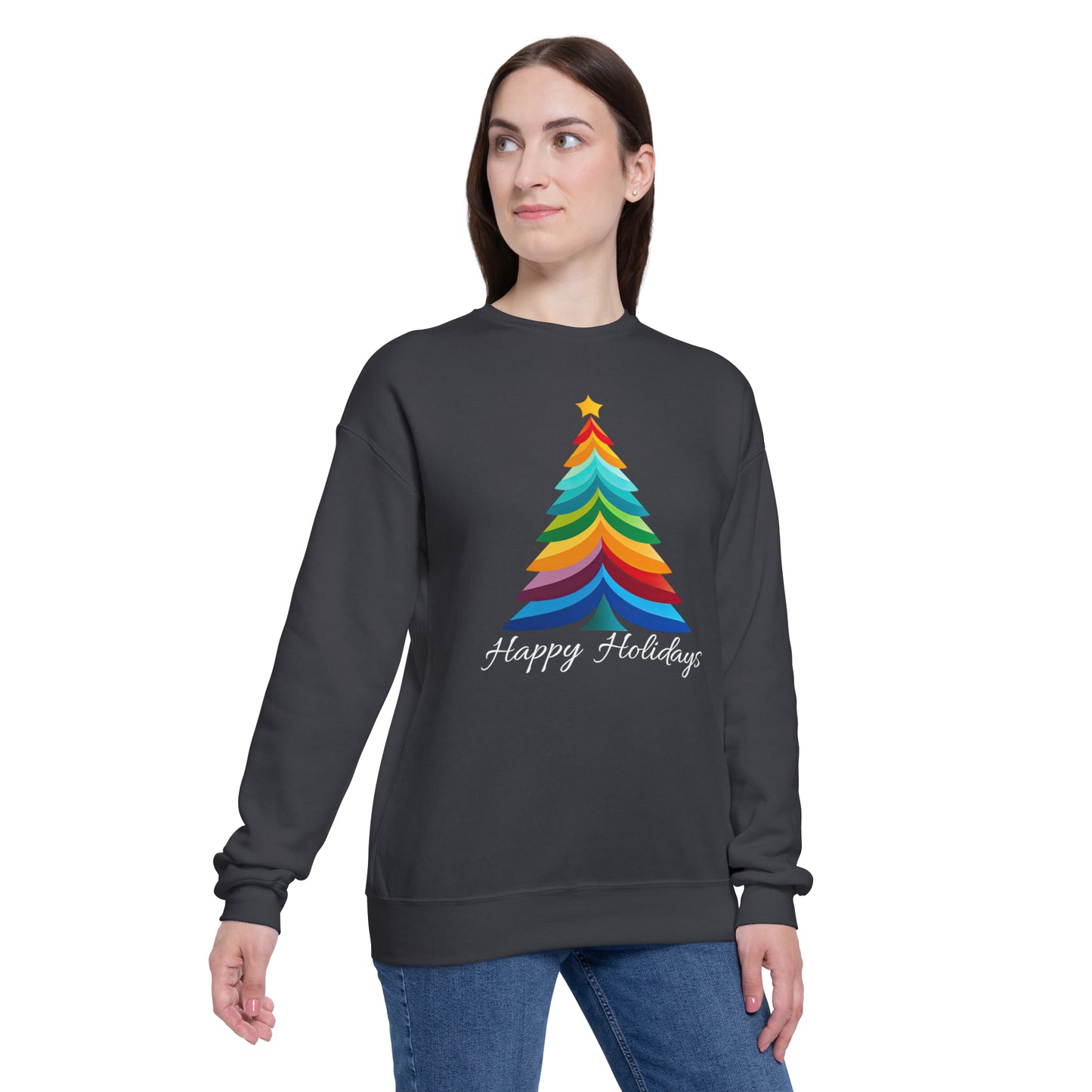 Happy Holidays Layered Rainbow Christmas Tree Unisex Drop Shoulder Bella Sweatshirt