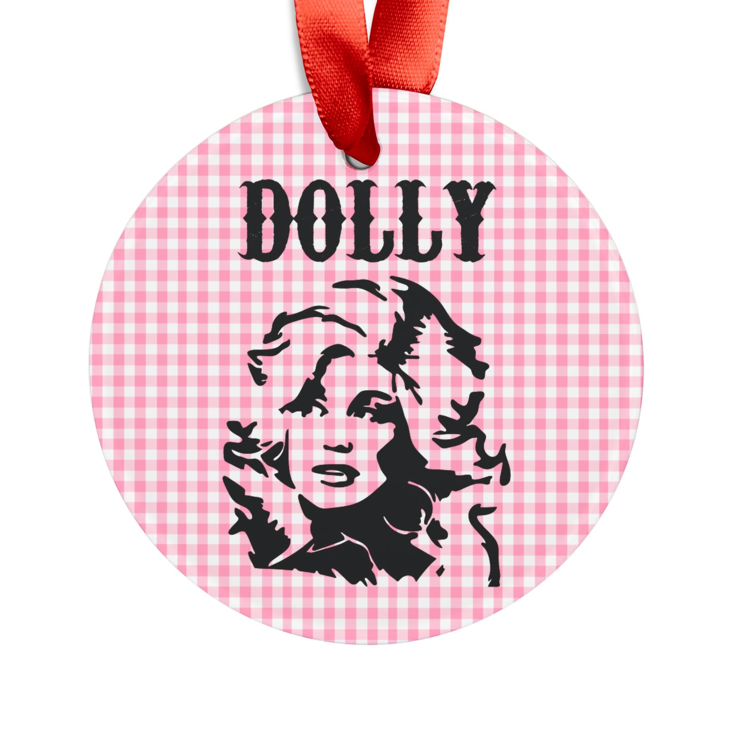 Dolly Portrait Pink Checkerboard Ornament with Ribbon