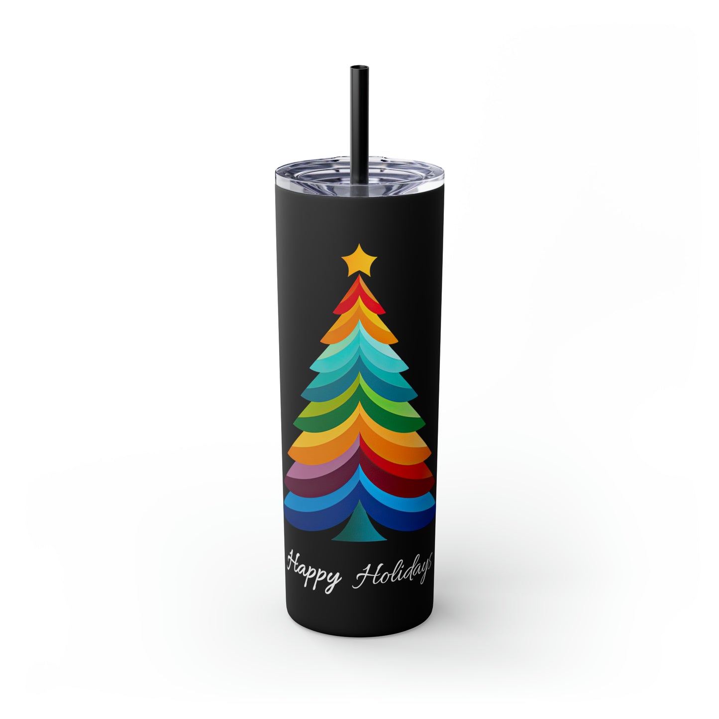 Happy Holidays Layered Rainbow Christmas Tree Skinny Tumbler with Pick your Color Straw, 20oz