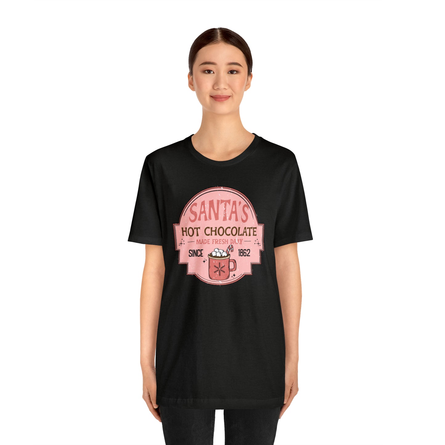 Santa's Hot Chocolate Pink Christmas/ Holiday Bella Jersey Short Sleeve Tee (Unisex)