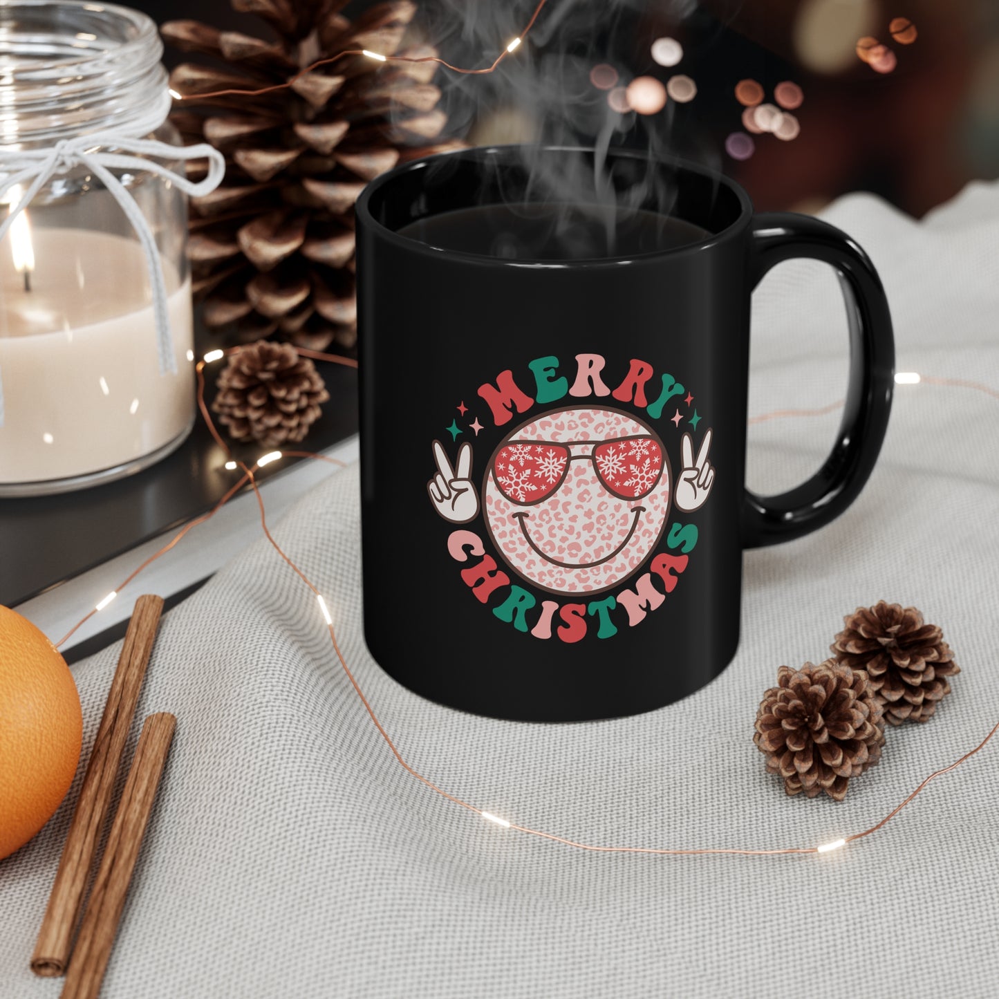 Merry Christmas Colorful Smiley Face with Peace Signs 11oz Black Mug