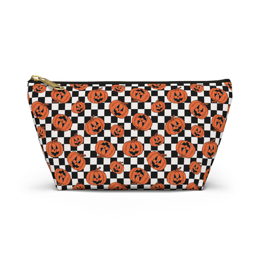 Jack-O-Lantern Pumpkin Checkerboard Halloween Accessory Pouch w T-bottom