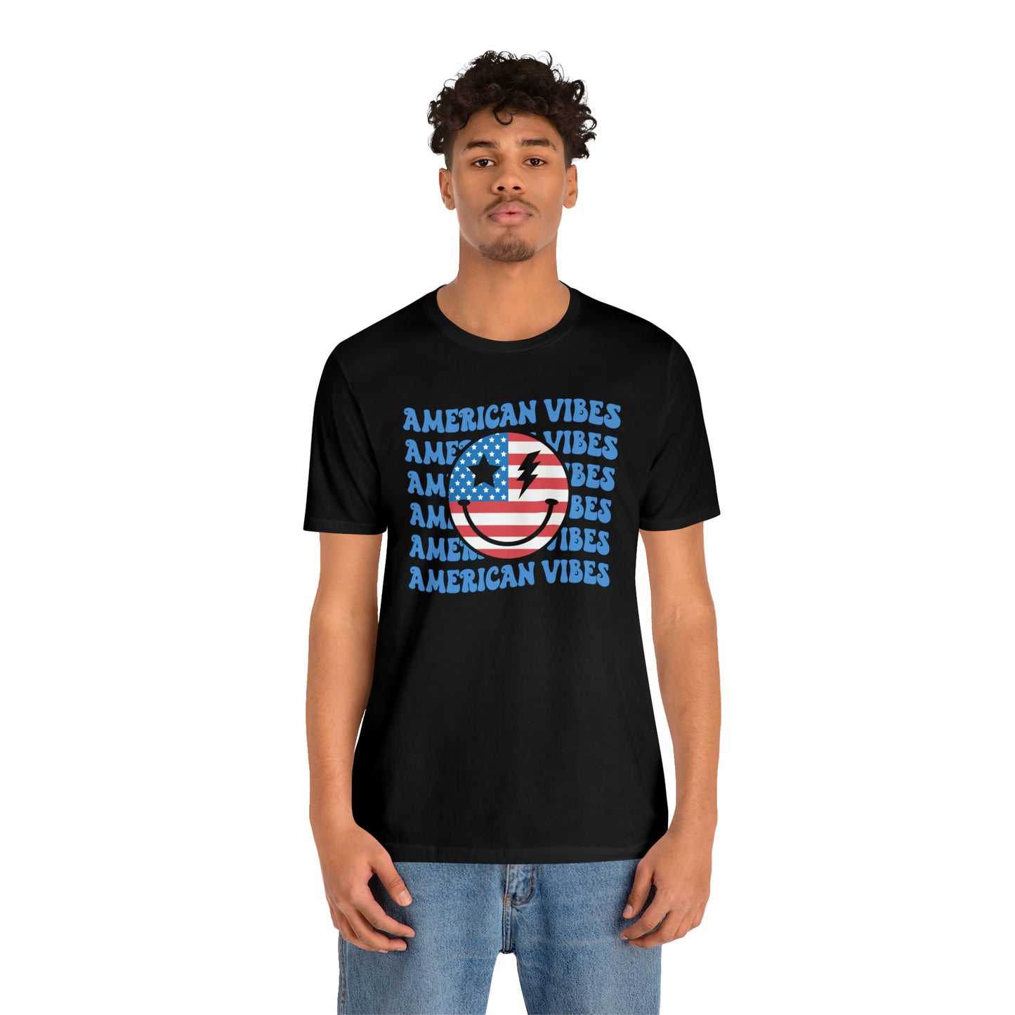 USA American Vibes American Flag Smiley Face Unisex Jersey Short Sleeve Tee