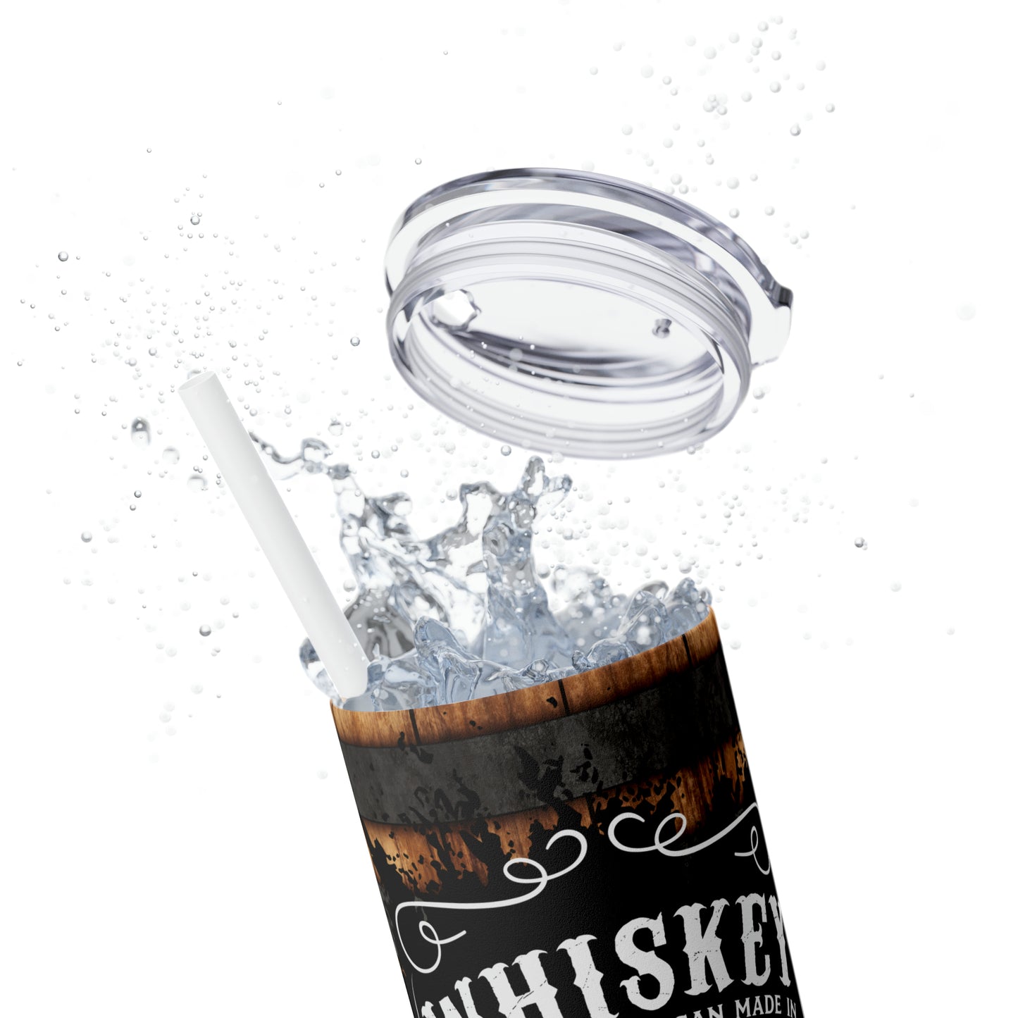 Rustic Barrel Whiskey Themed Skinny Tumbler with Straw, 20oz