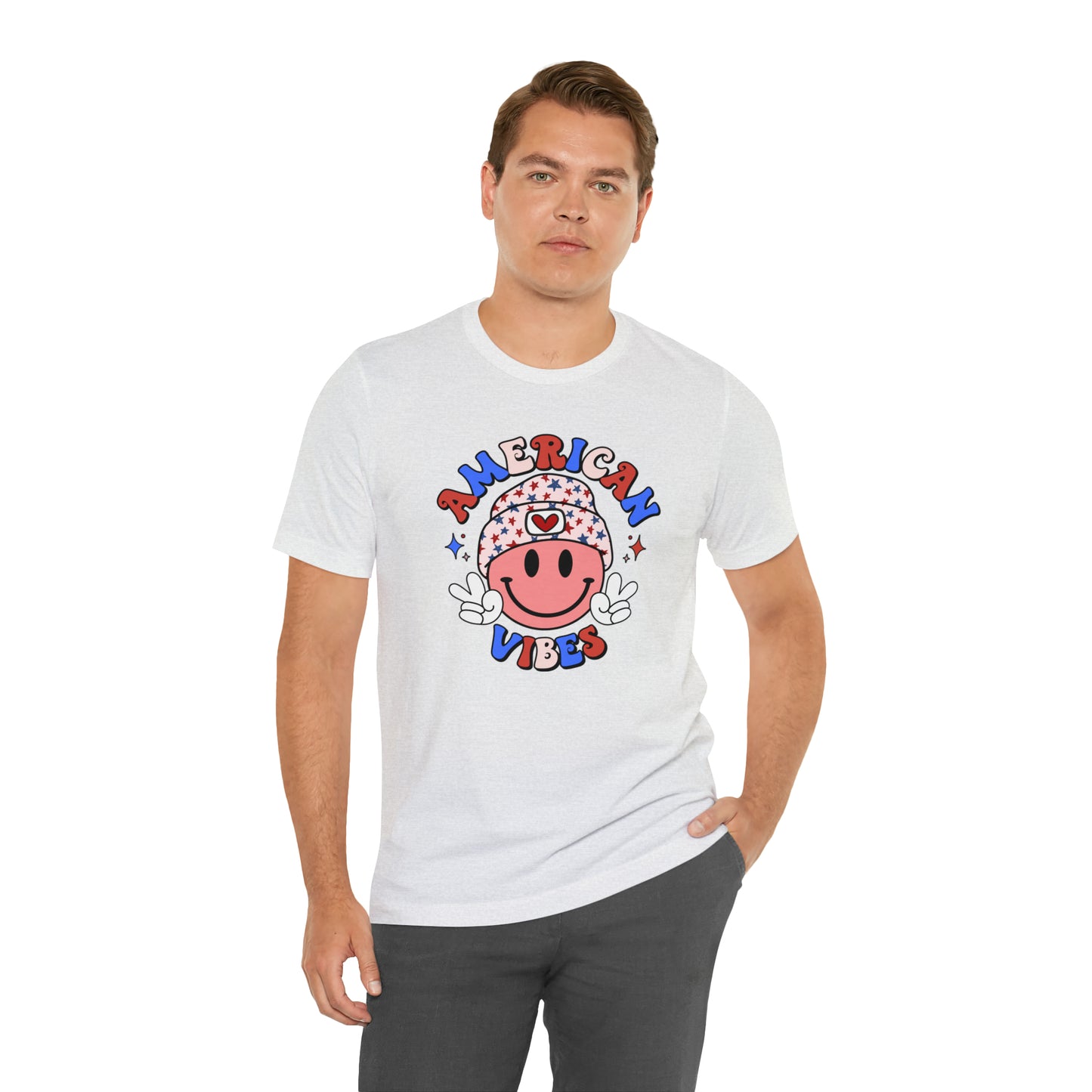 American Vibes USA Smiley Face with Stars Beanie with two hand peace signs Unisex Jersey Short Sleeve Tee