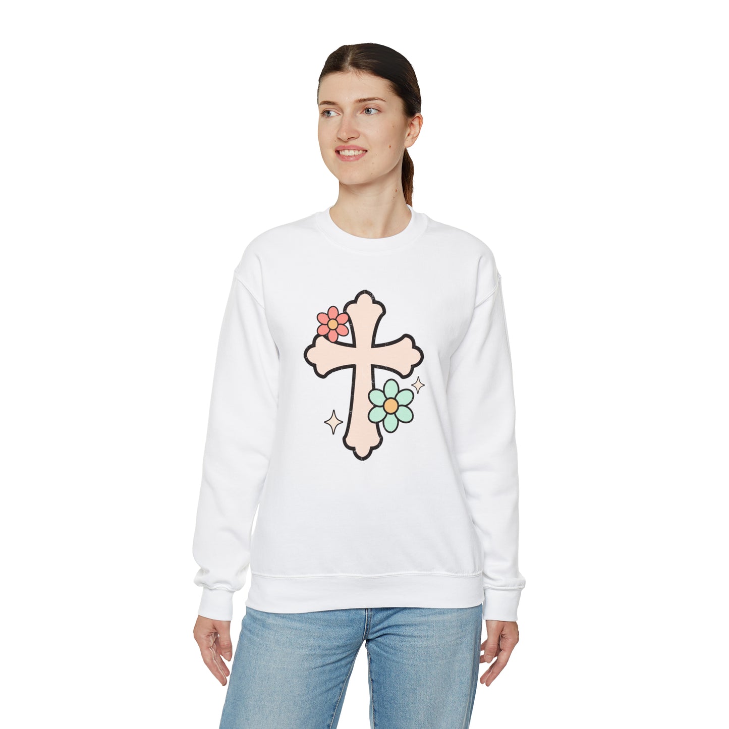 Vintage Floral Cross Design Heavy Blend™ Crewneck Sweatshirt