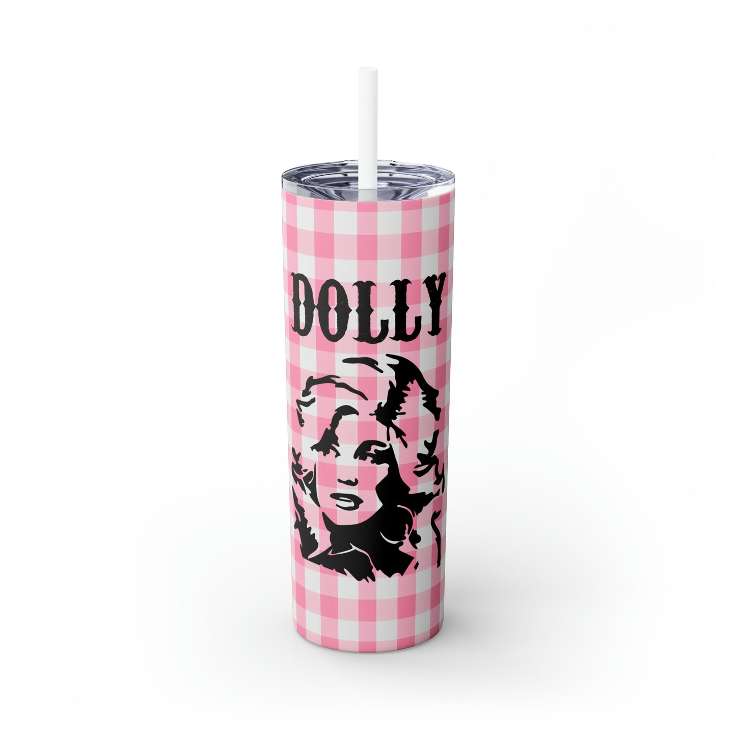 Dolly Portrait Pink Checkerboard Skinny Tumbler with Straw, 20oz