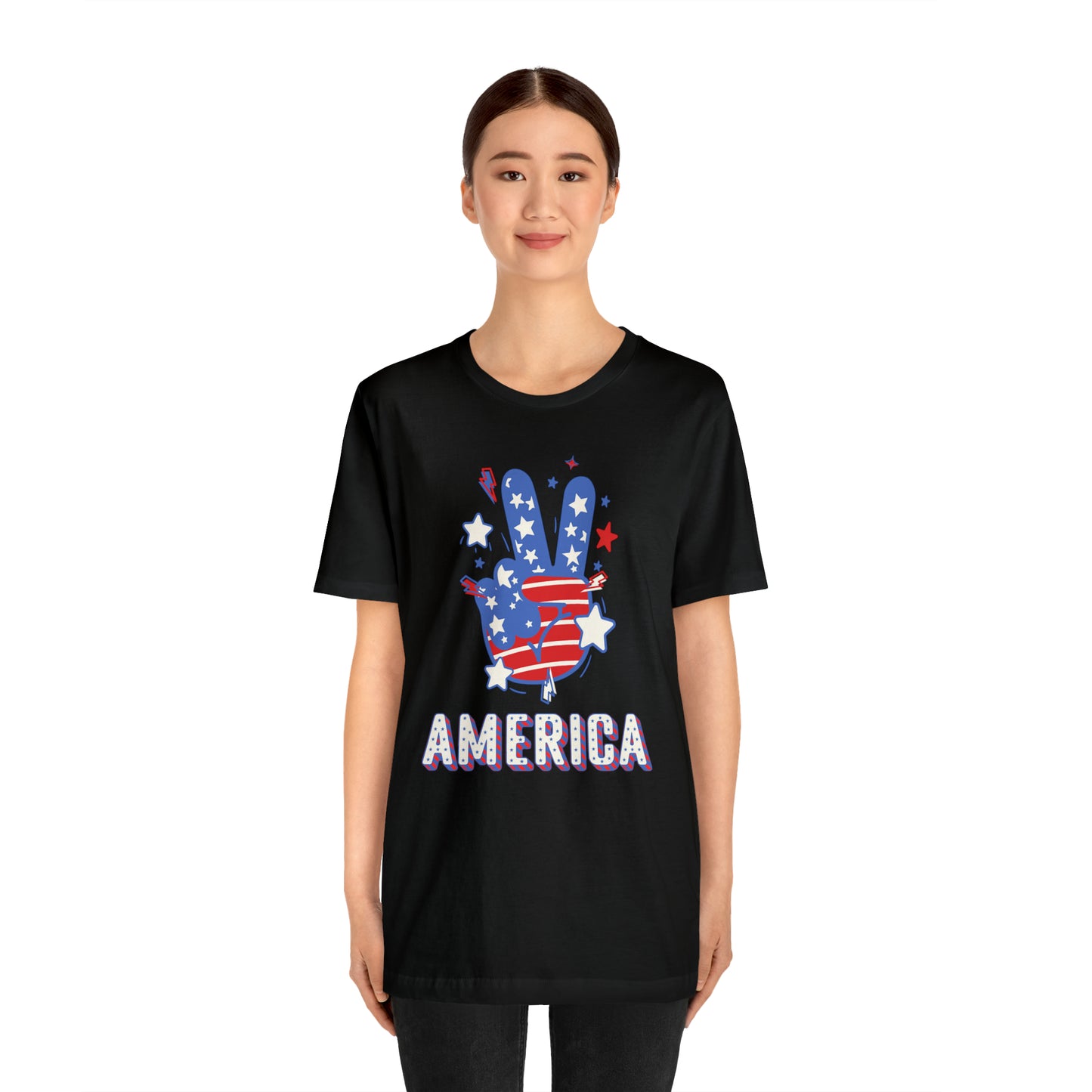 America USA Stars Peace Sign with Hands Unisex Jersey Short Sleeve Tee