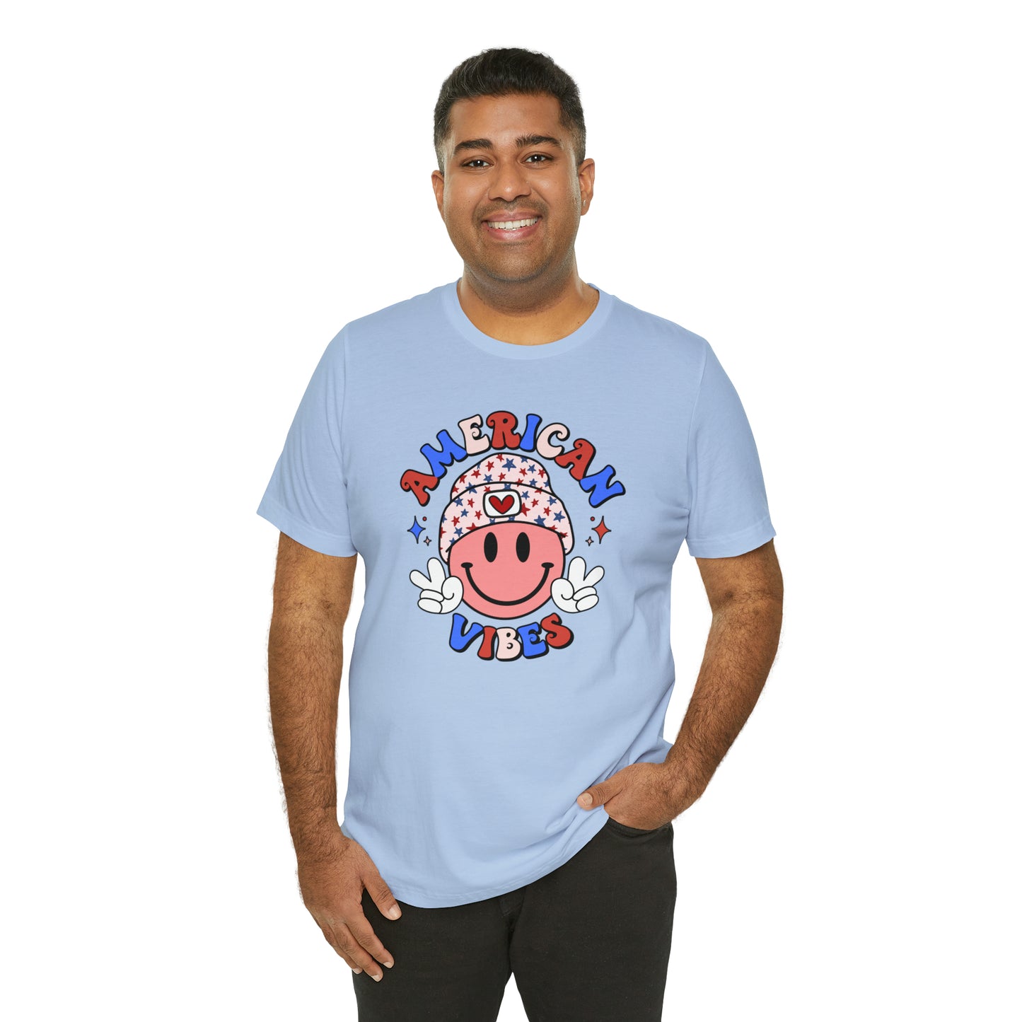 American Vibes USA Smiley Face with Stars Beanie with two hand peace signs Unisex Jersey Short Sleeve Tee