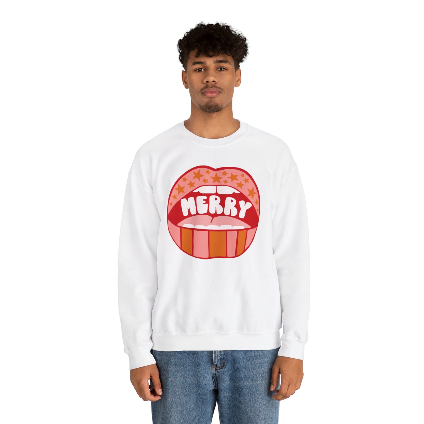 Christmas Holiday Merry Lips Stripes and Stars Unisex Heavy Blend™ Crewneck Sweatshirt