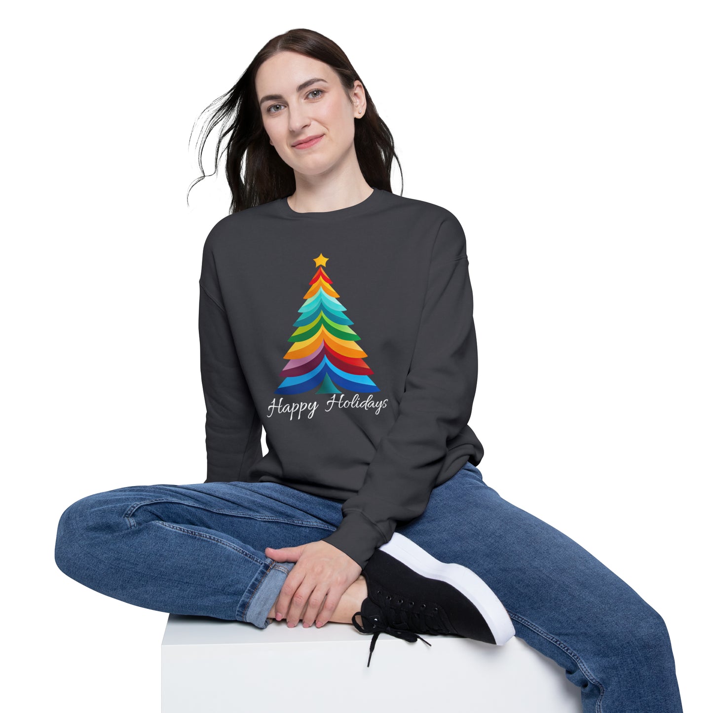 Happy Holidays Layered Rainbow Christmas Tree Unisex Drop Shoulder Bella Sweatshirt