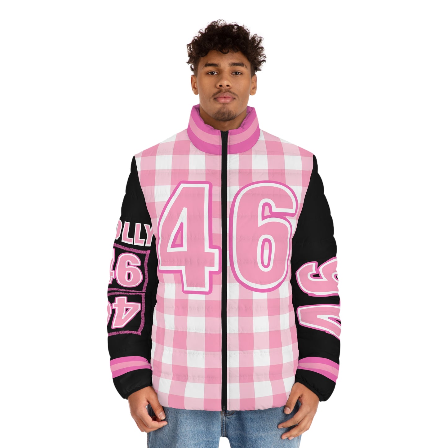 Dolly 46 Pink Checkerboard with Black Sleeves Game Day Men's Puffer Coat/ Jacket