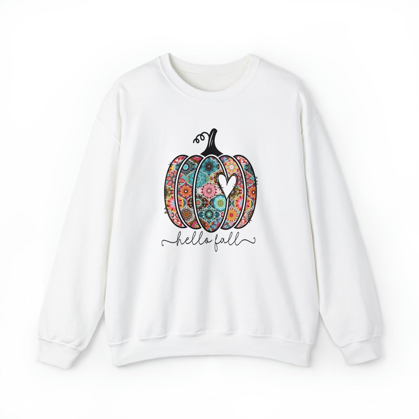 Hello Fall Print Pumpkin Fall Halloween Retro Warm Colored  Unisex Heavy Blend™ Crewneck Sweatshirt