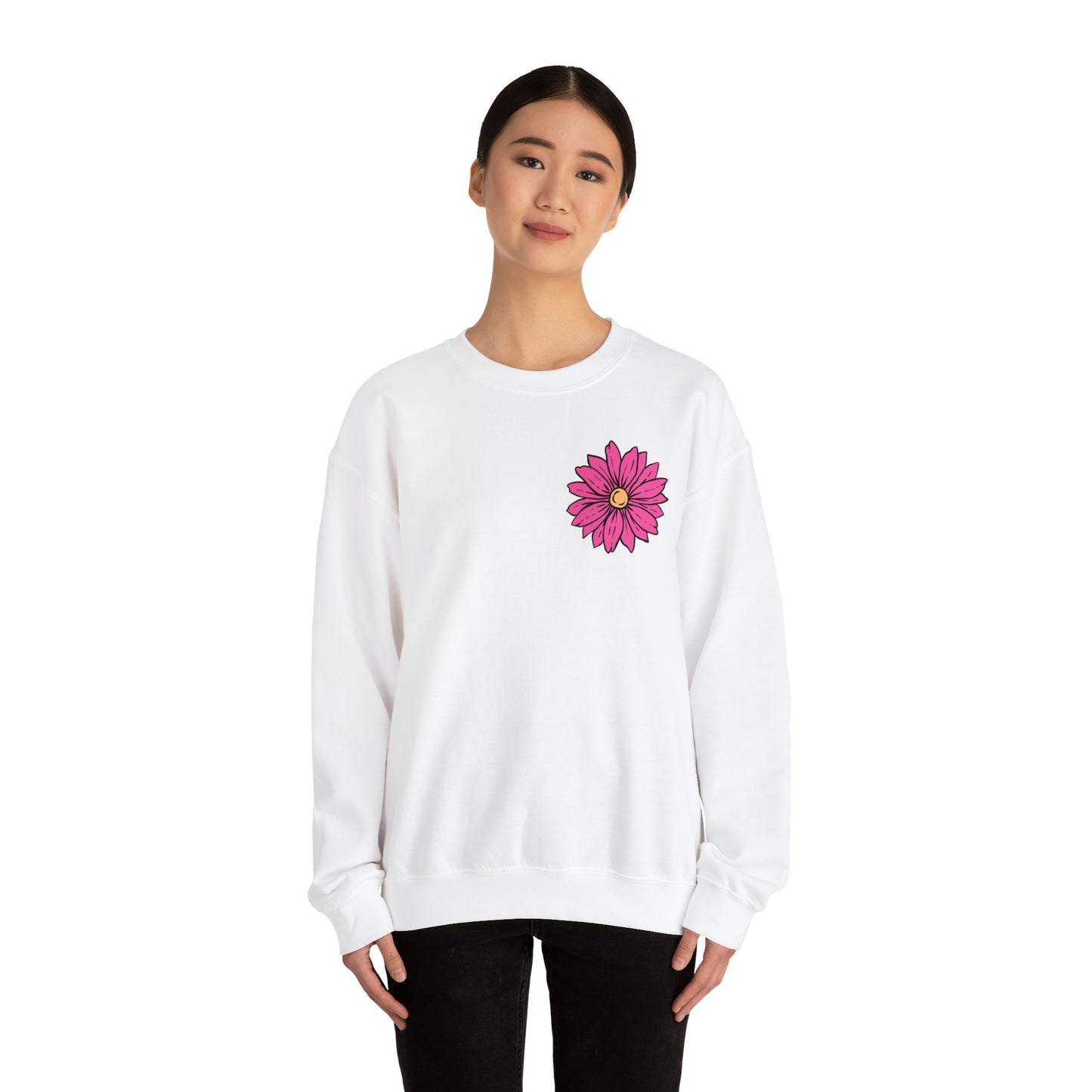 FRONT AND BACK DESIGN Positive Energy (Flower on Front and Message on Back) Font Heavy Blend™ Crewneck Sweatshirt