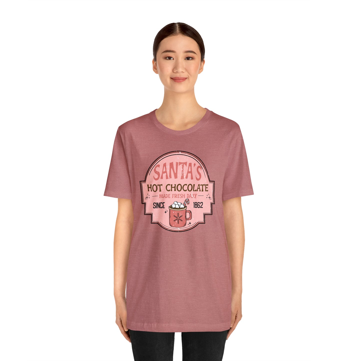 Santa's Hot Chocolate Pink Christmas/ Holiday Bella Jersey Short Sleeve Tee (Unisex)