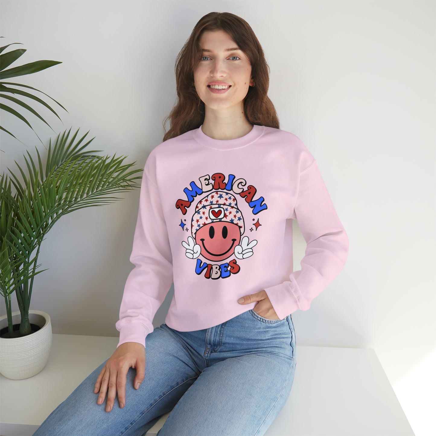 USA American Vibes Smiley Face with Heart Beanie and Peace Signs Heavy Blend™ Crewneck Sweatshirt