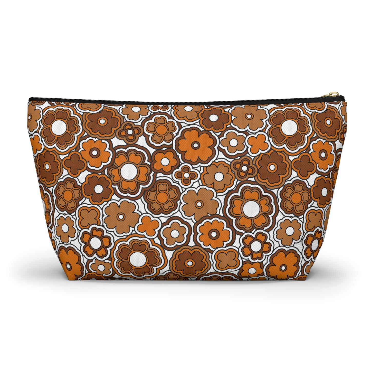 Flower Power Retro Brown Print  Accessory Pouch w T-bottom