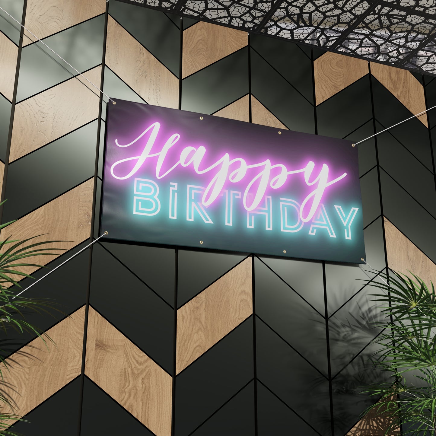 Happy Birthday Neon Font Black Matte Banner