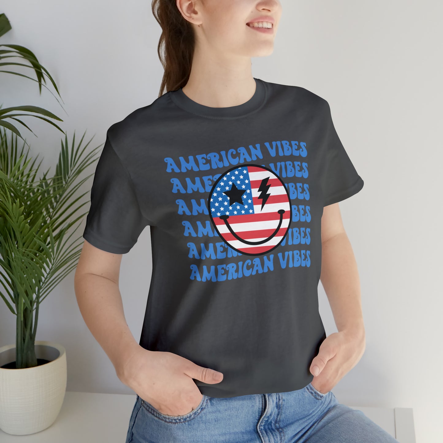 USA American Vibes American Flag Smiley Face Unisex Jersey Short Sleeve Tee