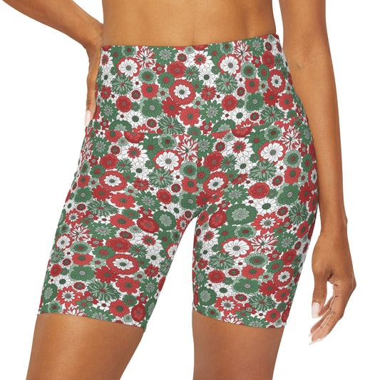 Retro Floral Christmas Holiday Yoga Shorts
