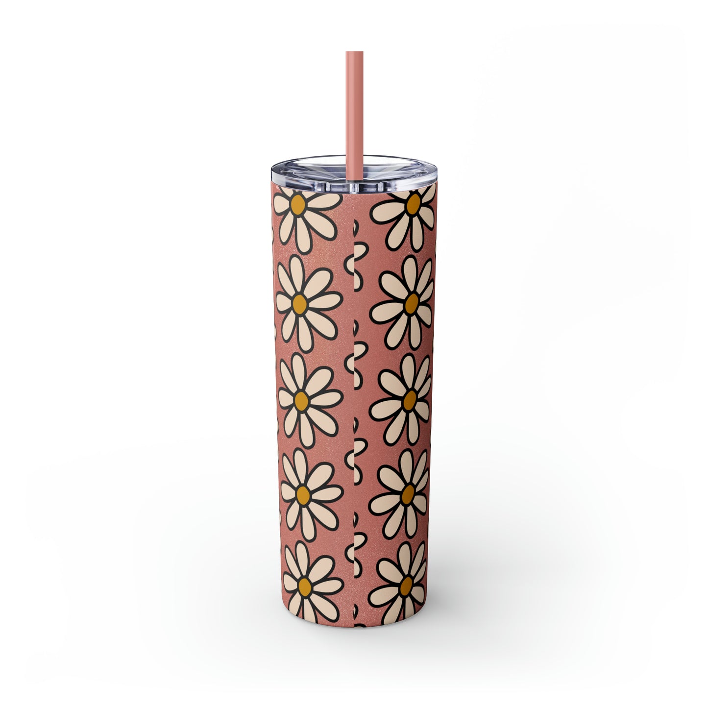 Peach Daisy Print Skinny Tumbler with Straw, 20oz