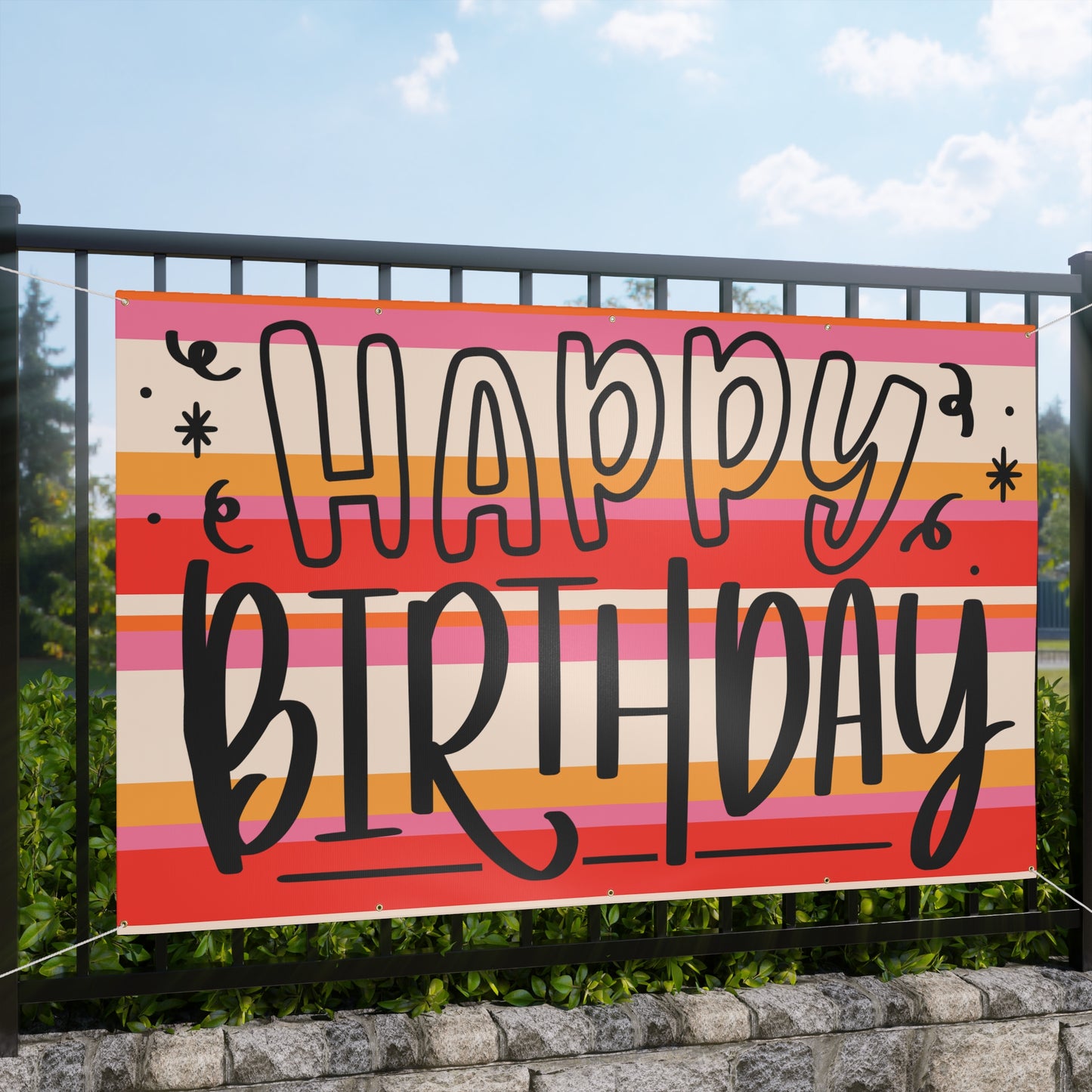 Retro Stripped Happy Birthday Matte Banner - Pink