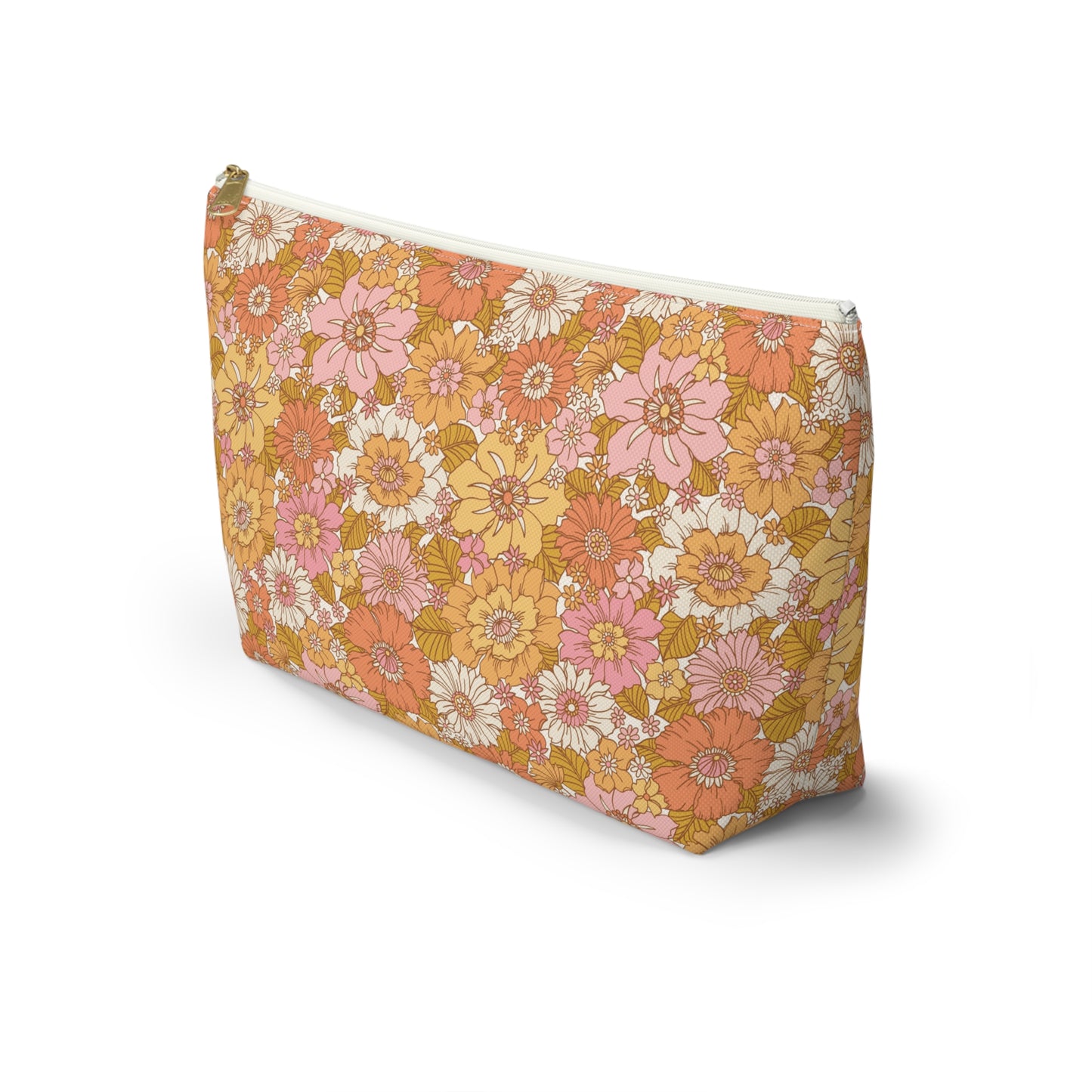 Peachy Golden Retro Floral Print Design Accessory Pouch w T-bottom