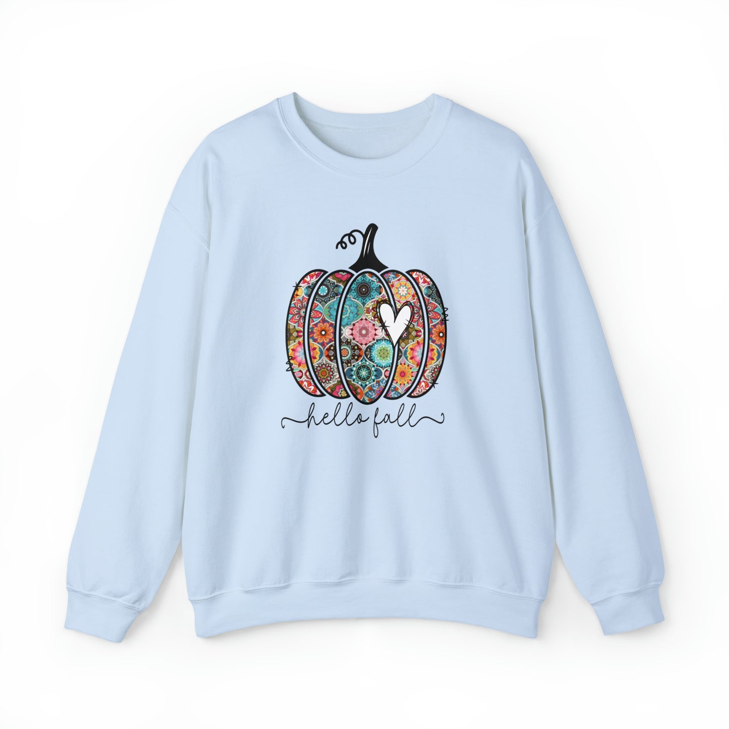 Hello Fall Print Pumpkin Fall Halloween Retro Warm Colored  Unisex Heavy Blend™ Crewneck Sweatshirt