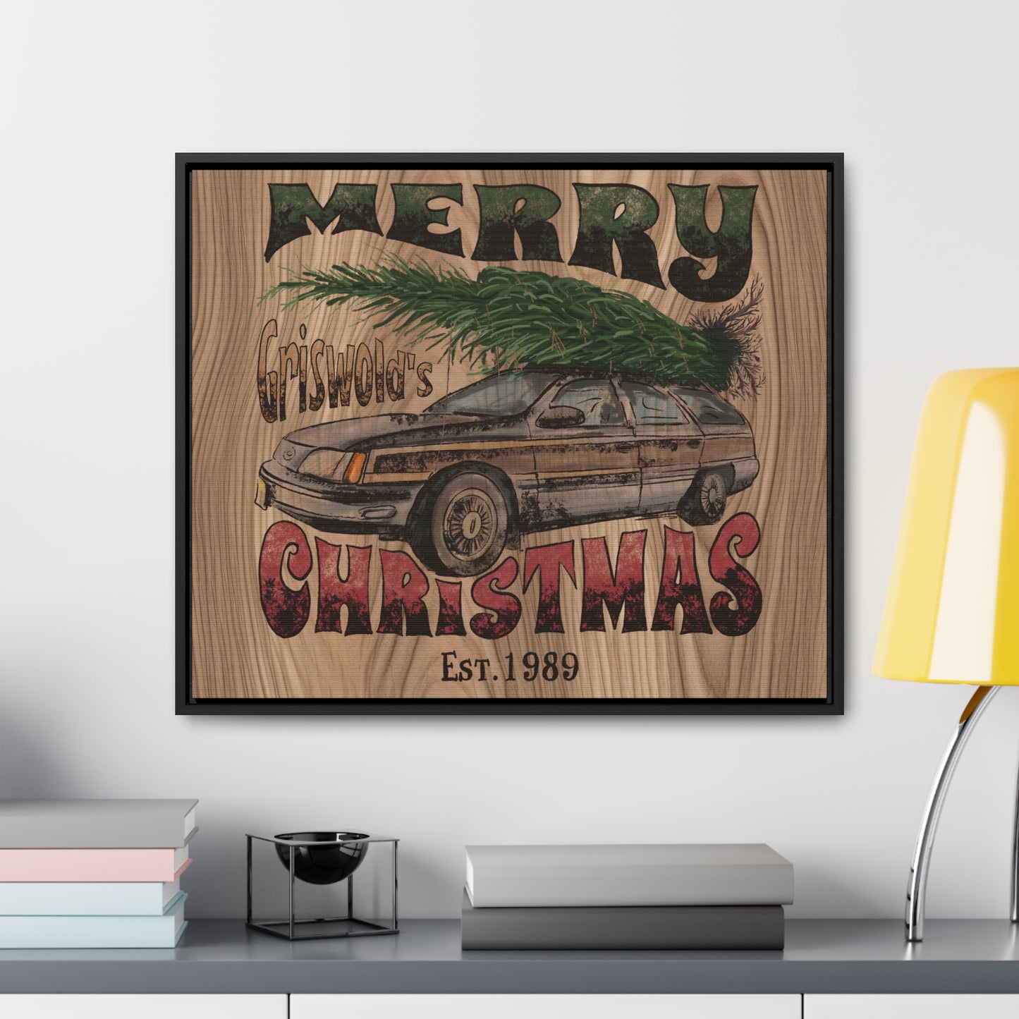 Distressed Merry Griswold Christmas Tree Station Wagon Holiday Gallery Canvas Wraps, Horizontal Frame