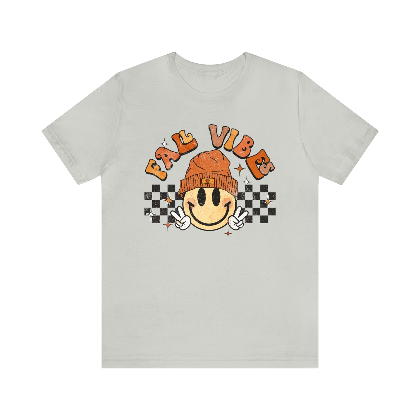 Distressed Halloween Fall Vibes Smiley Face with Beanie and Peace Sign T-Shirt